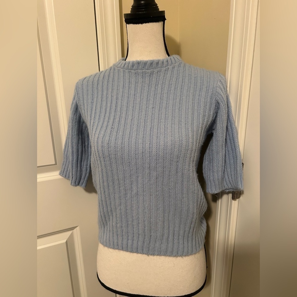 Light Blue Ribbed Knit Sweater mid sleeve